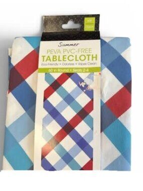 PEVA PVC-Free Blue, White, Red Basketweave Tablecloth - 60" Round